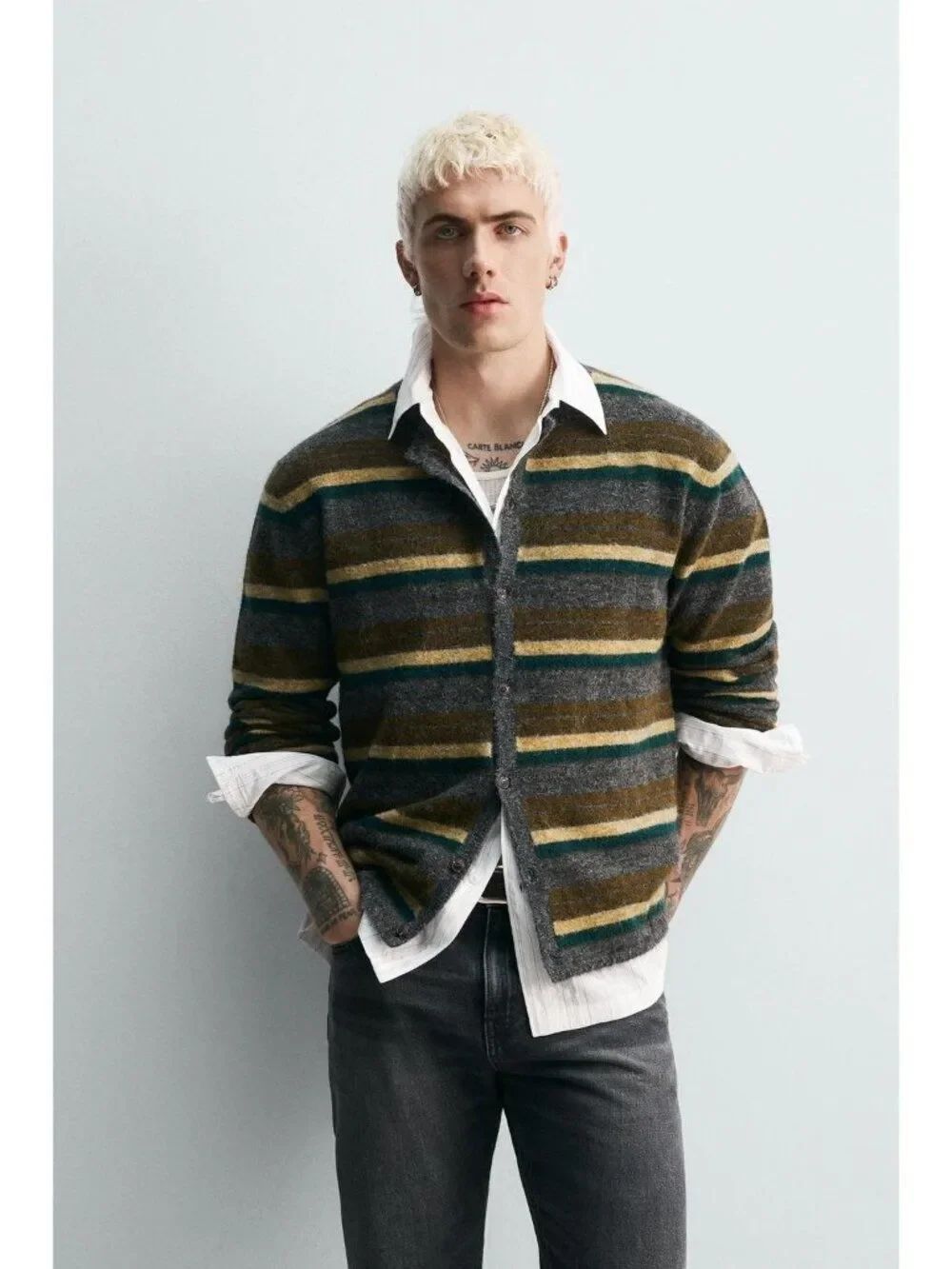 Zara Men Jacquard Striped Cardigan Medium Anthracite Gray Loose-Fit 2142/390 NWT